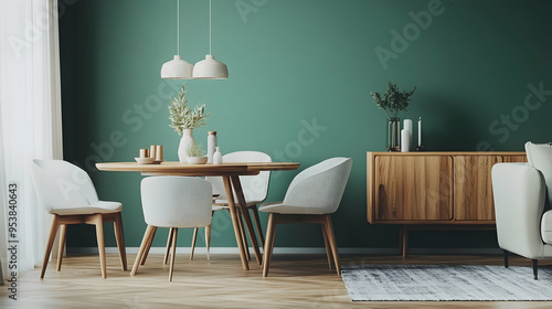 Mint color chairs at round wooden dining table in room with sofa and cabinet near green wall. Scandinavian, mid-century home interior design of modern living room.