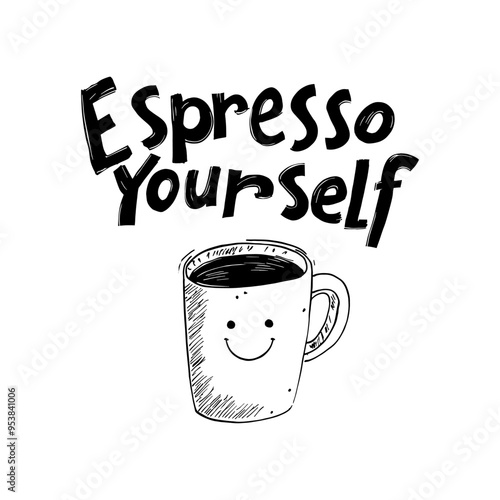 Hand-Drawn 'Espresso Yourself' Coffee Mug with Smiley Face