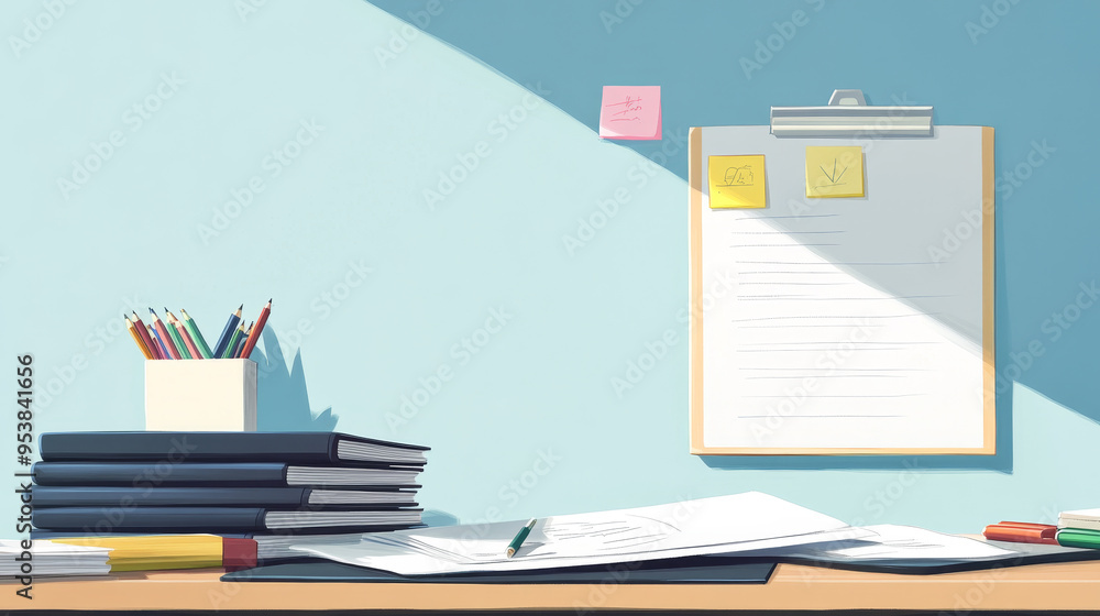 A desk with a white board, a stack of notebooks, and a pencil holder A desk with a white board, a stack of notebooks, and a pencil holder