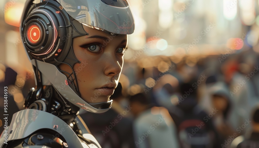 Futuristic Cyborg Portrait Amidst Human Crowd Capturing Technology and Humanity Intersection Futuristic Cyborg Portrait Amidst Human Crowd Capturing Technology and Humanity Intersection
