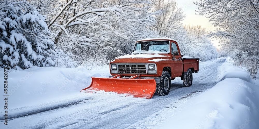 Pickup Truck Actively Plowing Snow on a Winter Road Pickup Truck Actively Plowing Snow on a Winter Road