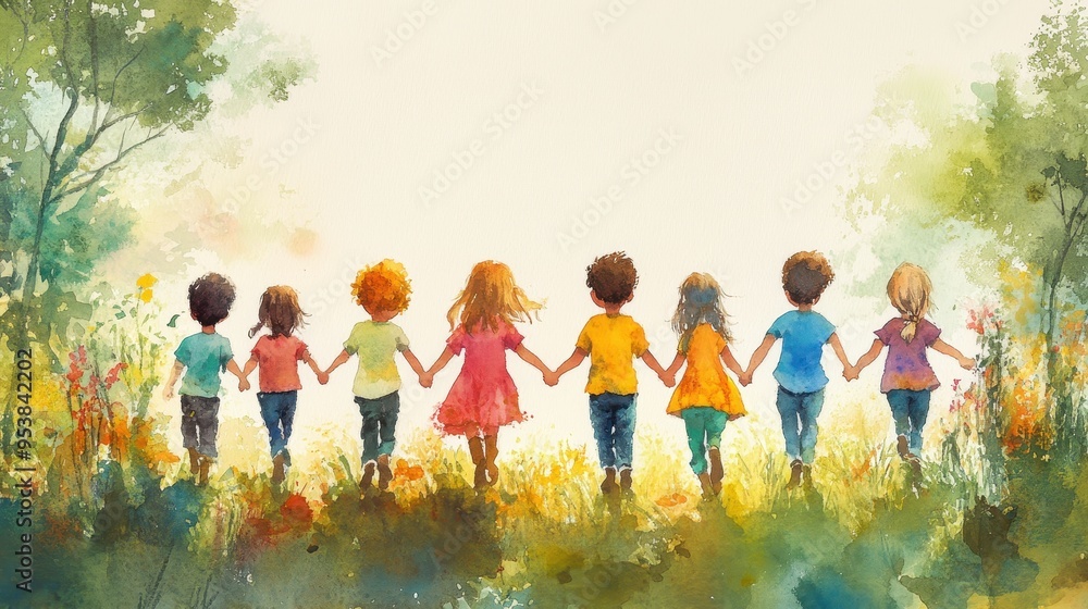 Naklejka premium Unity in Diversity - Children Exploring Forest Paths in Watercolor Style