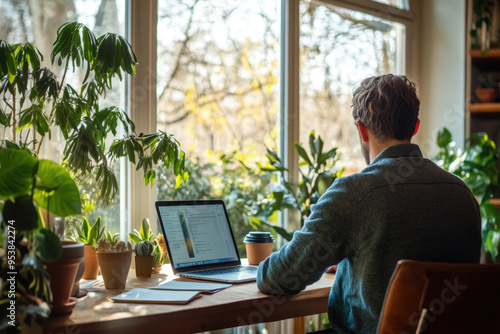 Wallpaper Mural Programmer is working remotely using his laptop, enjoying the natural light from the window near his desk Torontodigital.ca