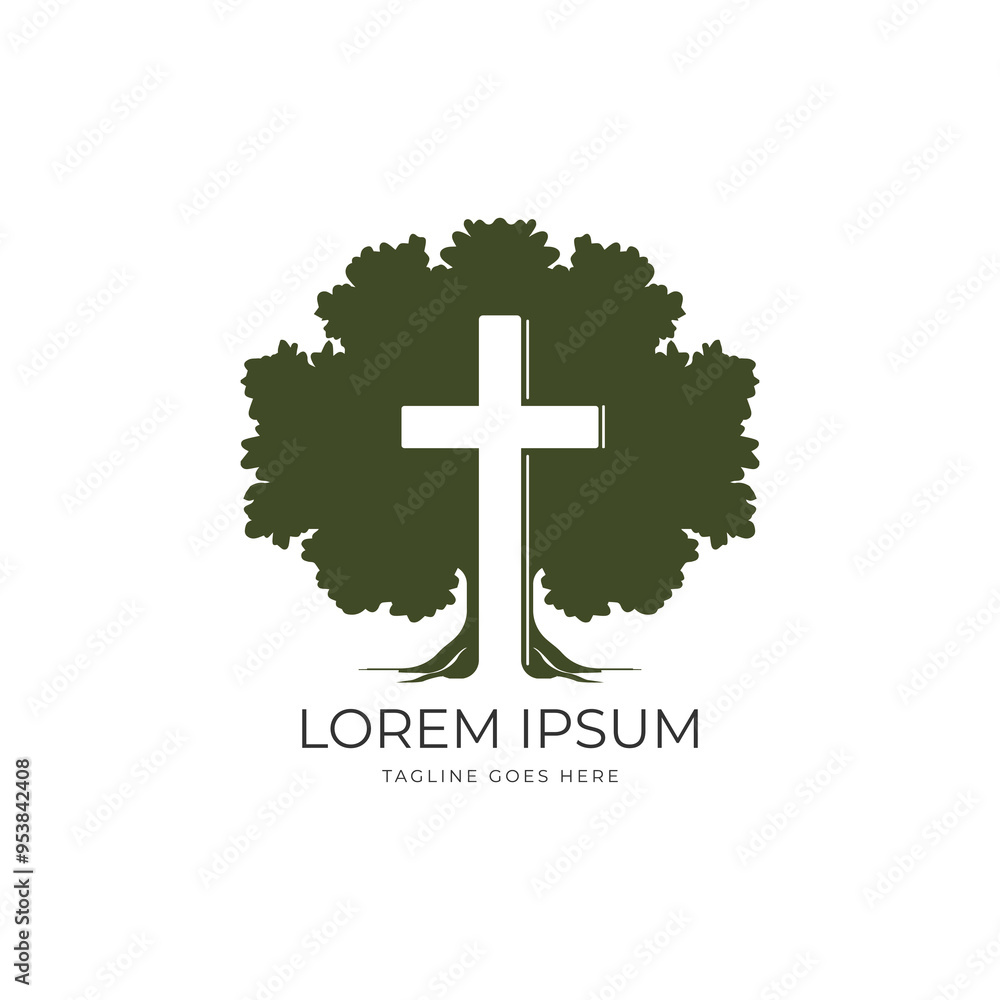 Fototapeta premium Oak Banyan Maple Tree Silhouette with Jesus Christian Cross for Religion Design