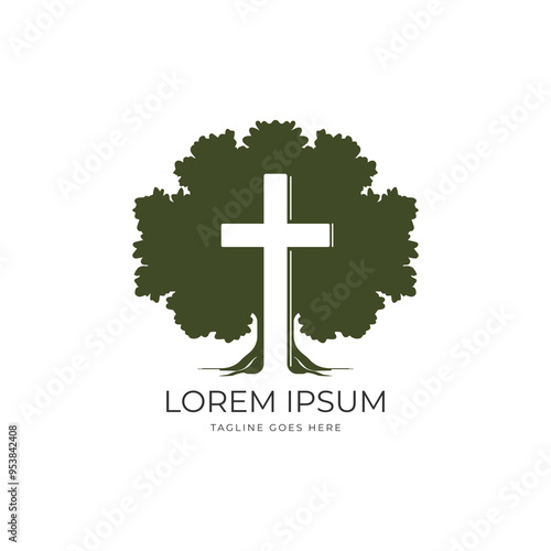Oak Banyan Maple Tree Silhouette with Jesus Christian Cross for Religion Design