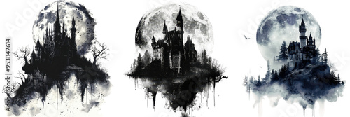 Watercolor painting of an old castle with the moon visible in the background