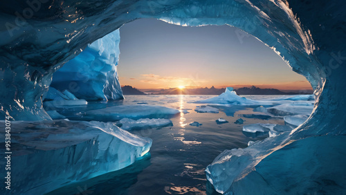 View of the sunset over the ocean through a cave of ice, with floating icebergs in the foreground