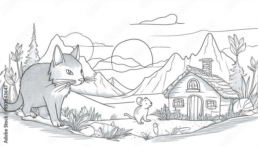 Naklejka premium sketch of land animals, cat, mouse and house in the mountains