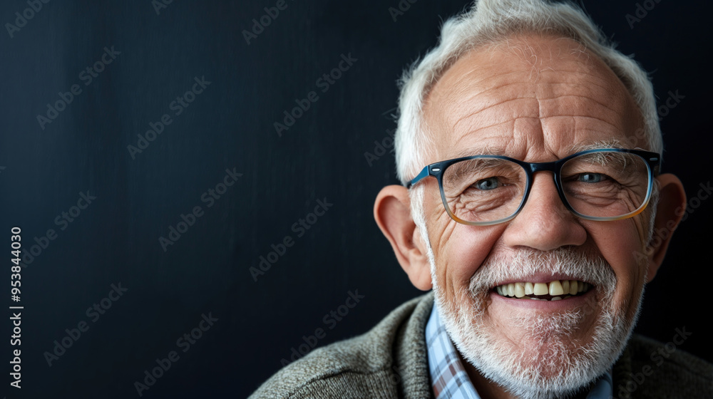 Obraz premium An elderly man with glasses shares a joyful smile in a warm, inviting atmosphere