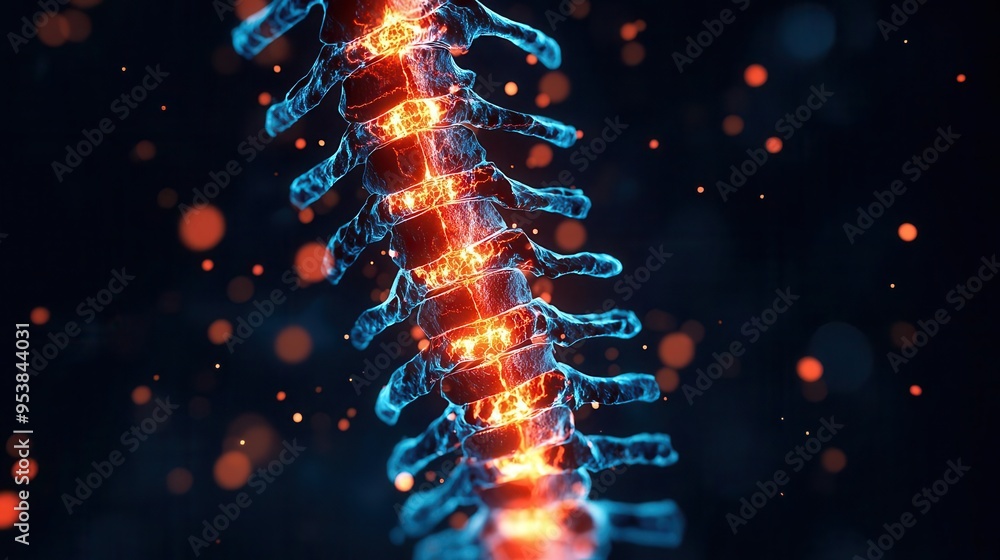 Digital representation of a human spine with cracks, symbolizing the fragility of health, illness, structural weakness Digital representation of a human spine with cracks, symbolizing the fragility of health, illness, structural weakness