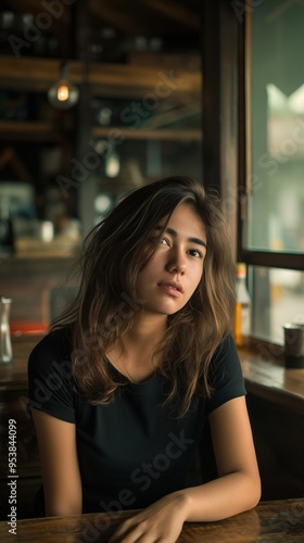 A young woman sits pensively in a café, absorbed in the moment and reflecting