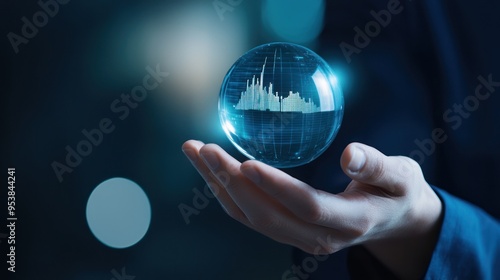 Hand holding a transparent globe with a futuristic cityscape, symbolizing innovation, global business, and technology advancements. photo