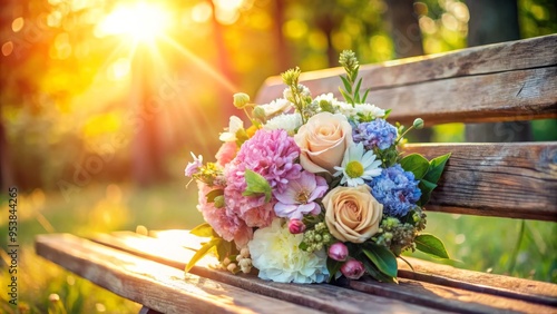 A gentle bouquet of pastel-hued flowers rests on a worn wooden bench, surrounded by soft sunlight and evoking photo