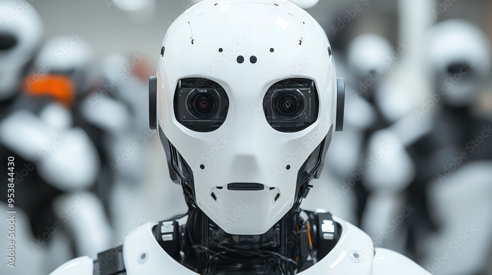 Close-up of a futuristic robot with a sleek design and expressive eyes, embodying advanced technology and artificial intelligence.
