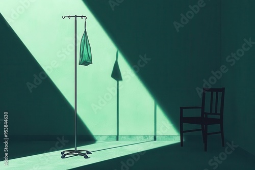 An IV pole with an empty bag hanging, casting a long shadow, symbolizing the end of treatment, illness, recovery and finality photo