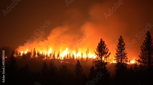 Intense forest fire blazing through a dense pine forest at night, illuminating the dark sky with orange flames and heavy smoke. photo