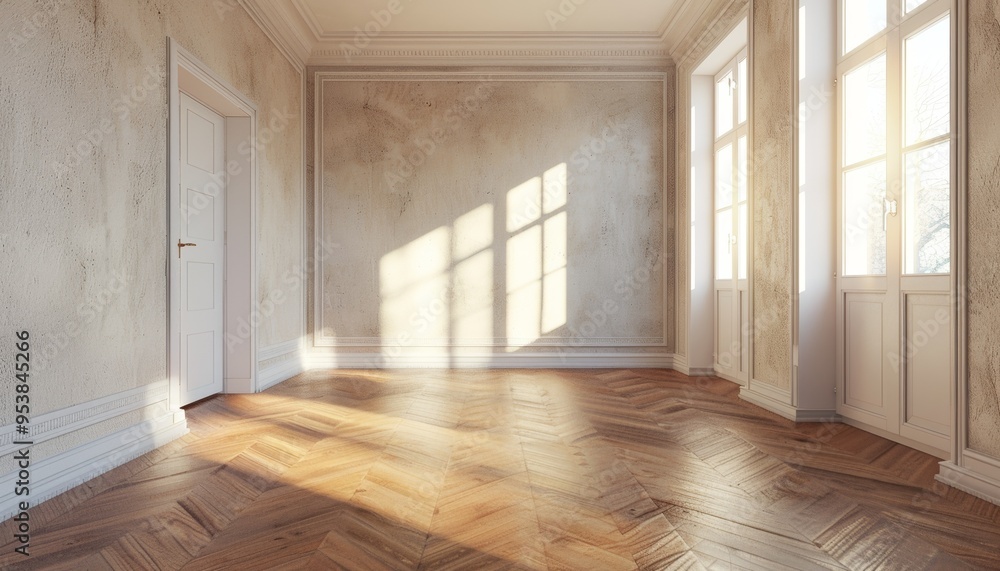 Empty Interior Wall with Sunlight Illuminating Parquet Floor Spacious Room Banner with Copy Space Empty Interior Wall with Sunlight Illuminating Parquet Floor Spacious Room Banner with Copy Space