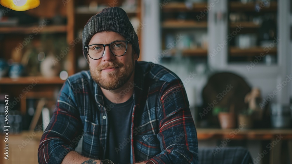 Fototapeta premium A man with glasses and a beanie smiles warmly while sitting in a cozy café