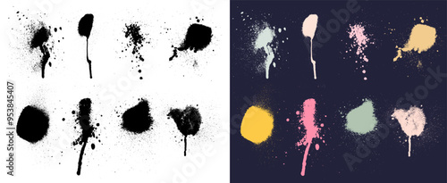 Set of Realistic high quality spray splashes with small splashes, drips, lines. Black graffiti style splashes and splatters. Abstract vector graffiti shapes. Template grunge style shapes.