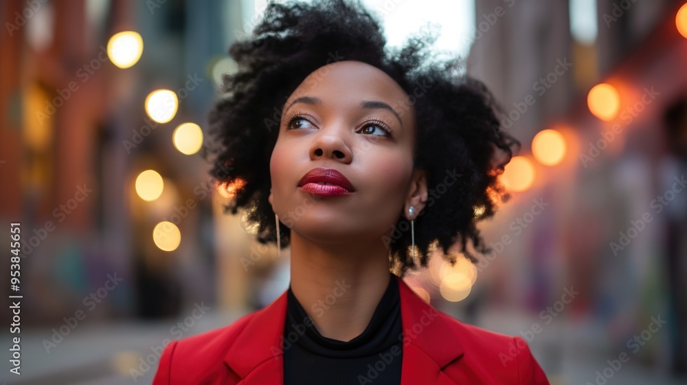 A Black woman stands with confidence in an urban environment, lost in thought A Black woman stands with confidence in an urban environment, lost in thought