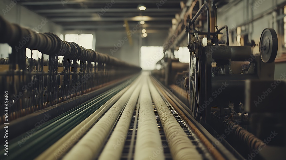 Fototapeta premium Close-up of Industrial Textile Machinery with Spools of Yarn