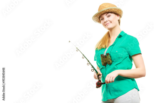 Woman with fishing rod, spinning equipment photo