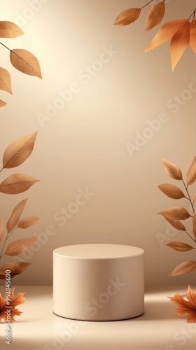Minimalist autumn-themed podium with scattered fall leaves, perfect for showcasing products against a soft beige background.