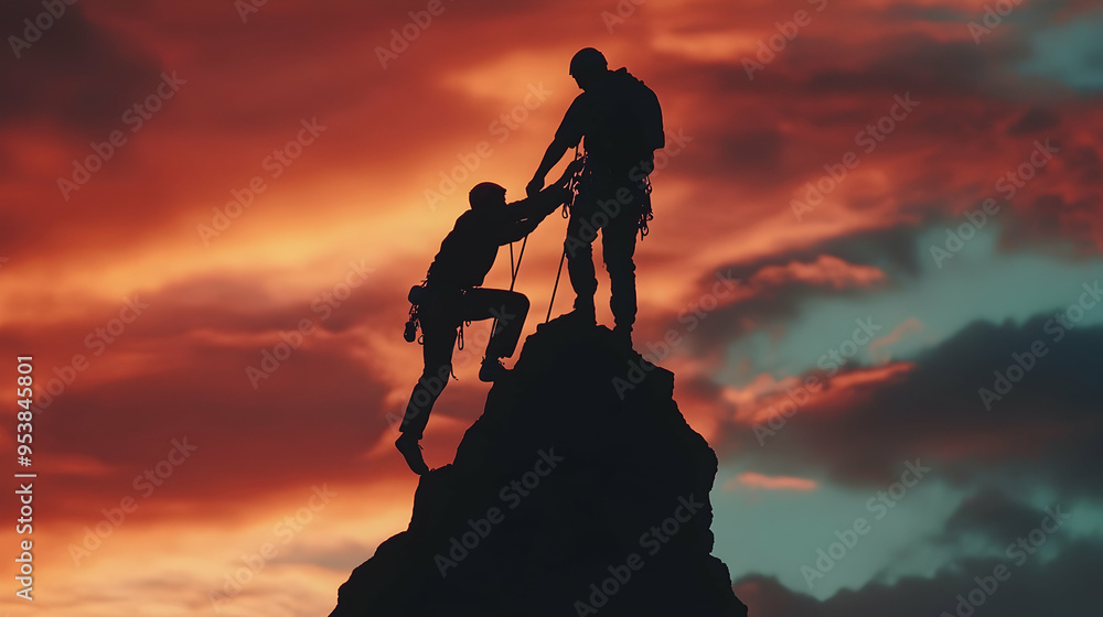 Fototapeta premium Reaching New Heights Together: Silhouette of Man Helping Another Person Climb to the Top