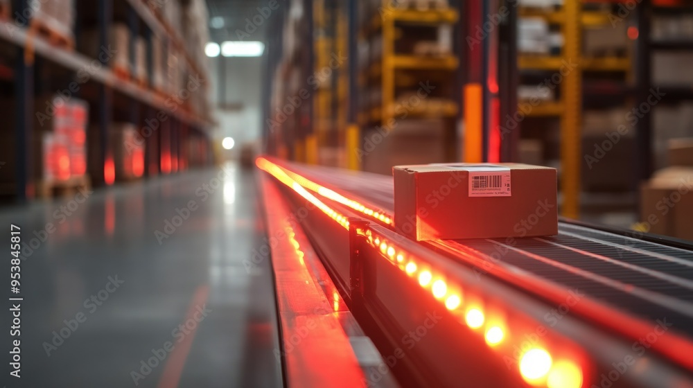 Cardboard Package Moving on a Conveyor Belt with Red Lights Cardboard Package Moving on a Conveyor Belt with Red Lights