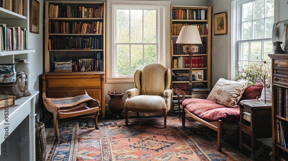 Fototapeta premium A Cozy Reading Nook With Bookshelves, Armchair, and Rug