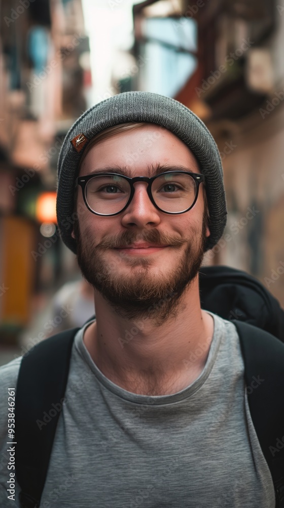 A man with a beard and glasses smiles warmly while walking through a lively city alley A man with a beard and glasses smiles warmly while walking through a lively city alley
