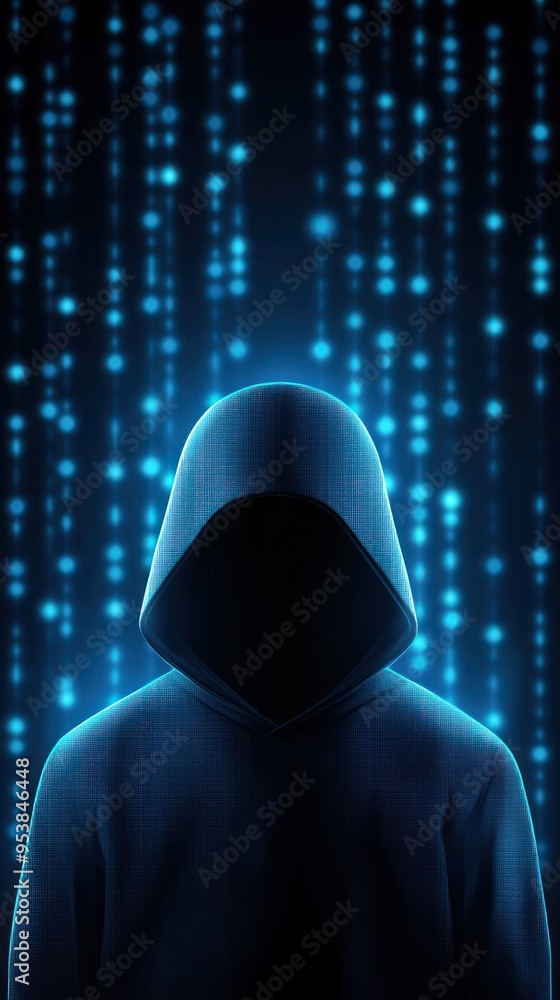 Mysterious figure in a hood against a digital code background, symbolizing cyber security, hacking, and anonymity in a futuristic setting. Mysterious figure in a hood against a digital code background, symbolizing cyber security, hacking, and anonymity in a futuristic setting.