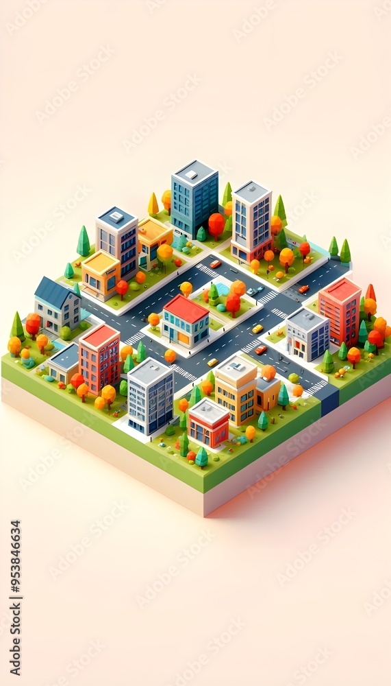 A small section of a city with low-poly buildings, streets, and trees in full fall colors. The isometric perspective adds depth, while the vibrant colors and minimalist design keep the scene lively ye A small section of a city with low-poly buildings, streets, and trees in full fall colors. The isometric perspective adds depth, while the vibrant colors and minimalist design keep the scene lively ye