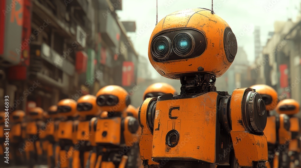 Rows of sleek, orange robots stand in formation, their blue eyes reflecting the cityscape behind them. Rows of sleek, orange robots stand in formation, their blue eyes reflecting the cityscape behind them.