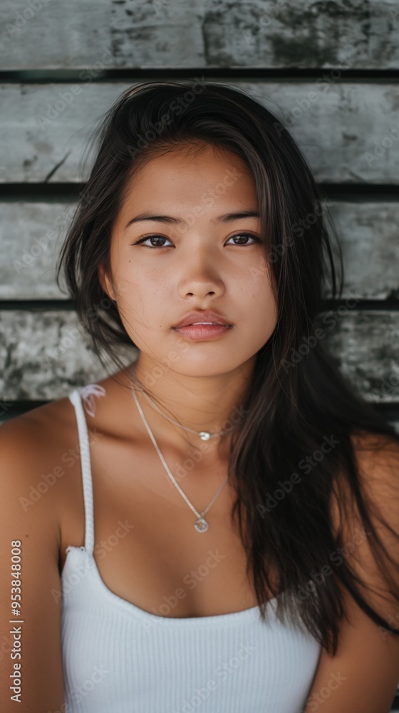 A young woman gazes directly at the camera, reflecting a calm everyday moment A young woman gazes directly at the camera, reflecting a calm everyday moment