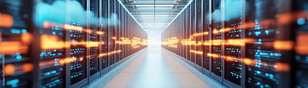Futuristic data center with rows of servers, illuminated pathways, and vibrant data flow visualizations, showcasing technology and innovation. Futuristic data center with rows of servers, illuminated pathways, and vibrant data flow visualizations, showcasing technology and innovation.