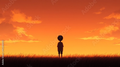 Silhouette of a child standing in a field with an orange sunset sky, capturing the peaceful ambiance of nature.