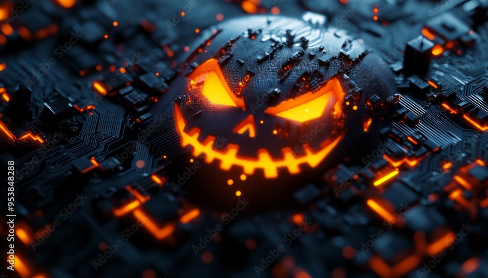 Futuristic Jack-O-Lantern with Neon Lights in Dark Cyberpunk Environment Futuristic Jack-O-Lantern with Neon Lights in Dark Cyberpunk Environment