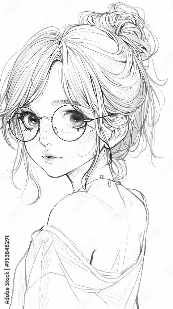 Monochrome anime-style girl with long hair, wearing a shirt and plaid skirt, looking content. Monochrome anime-style girl with long hair, wearing a shirt and plaid skirt, looking content.