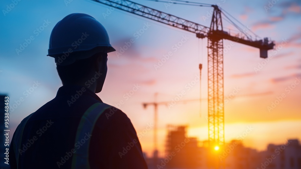 Silhouette of construction worker in helmet surveying a crane at sunset, exemplifying industry and progress against a colorful sky. Silhouette of construction worker in helmet surveying a crane at sunset, exemplifying industry and progress against a colorful sky.