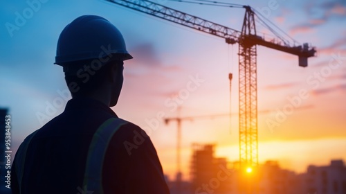 Silhouette of construction worker in helmet surveying a crane at sunset, exemplifying industry and progress against a colorful sky.