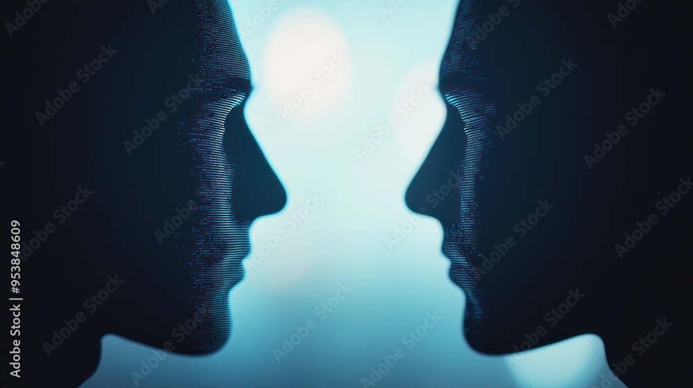 Silhouettes of two faces closely facing each other against a soft blue background, creating a mysterious and introspective atmosphere. Silhouettes of two faces closely facing each other against a soft blue background, creating a mysterious and introspective atmosphere.