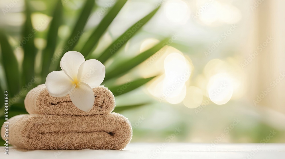 Spa scene with rolled towels and flower. Relaxing and tranquil ambiance, ideal for wellness and self-care concepts. Spa scene with rolled towels and flower. Relaxing and tranquil ambiance, ideal for wellness and self-care concepts.