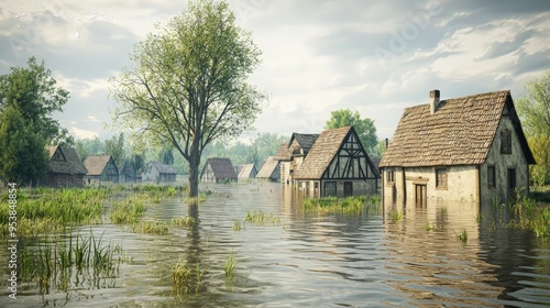 A rural village with traditional houses partially submerged in floodwater during daylight. The image shows trees and grassy areas also affected by the flooding.