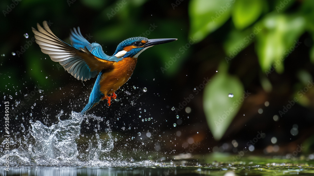 A Kingfisher bird with striking blue and orange feathers, flying over a clear river, Ai generated images A Kingfisher bird with striking blue and orange feathers, flying over a clear river, Ai generated images