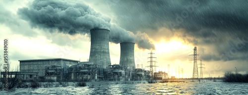 A nuclear power plant with large cooling towers partially submerged in floodwaters during a heavy rainstorm at sunrise, with smoke billowing into the cloudy sky.