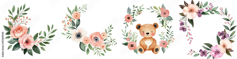 Whimsical floral arrangement with a cute teddy bear, perfect for children's parties and celebrations. Whimsical floral arrangement with a cute teddy bear, perfect for children's parties and celebrations.