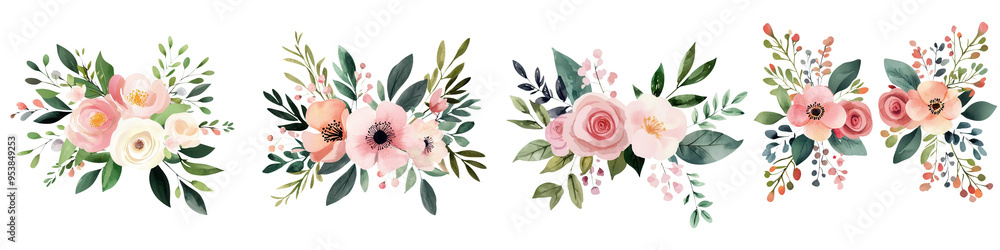 A beautiful collection of floral arrangements featuring soft pink and white blooms with lush green leaves, perfect for decoration. A beautiful collection of floral arrangements featuring soft pink and white blooms with lush green leaves, perfect for decoration.