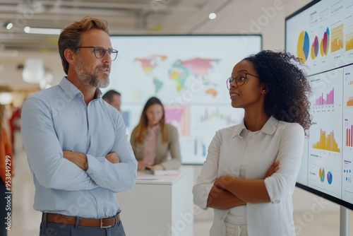 A European man and an African American woman discuss marketing strategies in a modern office showcasing data analytics