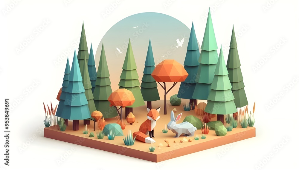 Fototapeta premium A simple scene featuring low-poly woodland creatures like a fox and a rabbit in a forest clearing, surrounded by trees with vibrant autumn foliage. The design is clean with minimal ground detail, focu